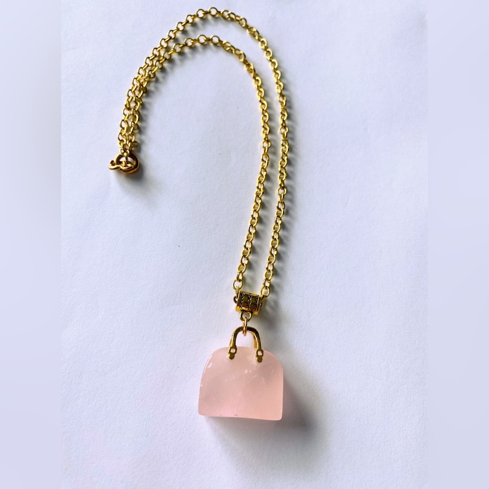 Gold Chain Necklace with Rose Quartz Pink gemstone Purse Pendant
